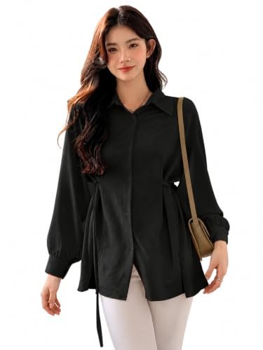 Shasmi Women S Black Solid Long Bishop Sleeve Pleated Collared Oversized Button
