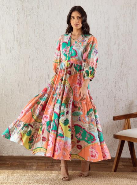 Sheetal Associates Floral Printed V-neck Fit Flare