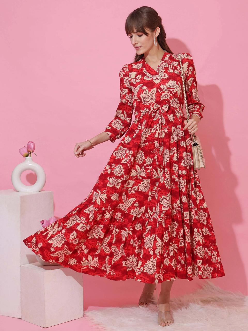 Sheetal Associates Women Fit And Flare Red Beige M