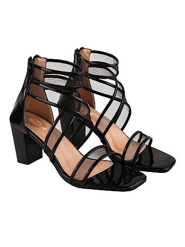 Shoetopia Patent Multi Cross Strap Black Block Hee