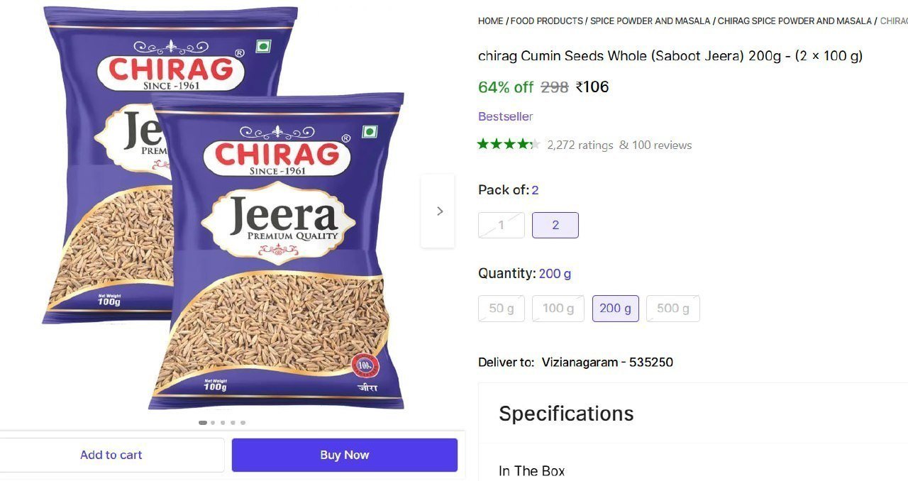 Shopsy Chirag Cumin Seeds Whole (saboot Jeera) 200