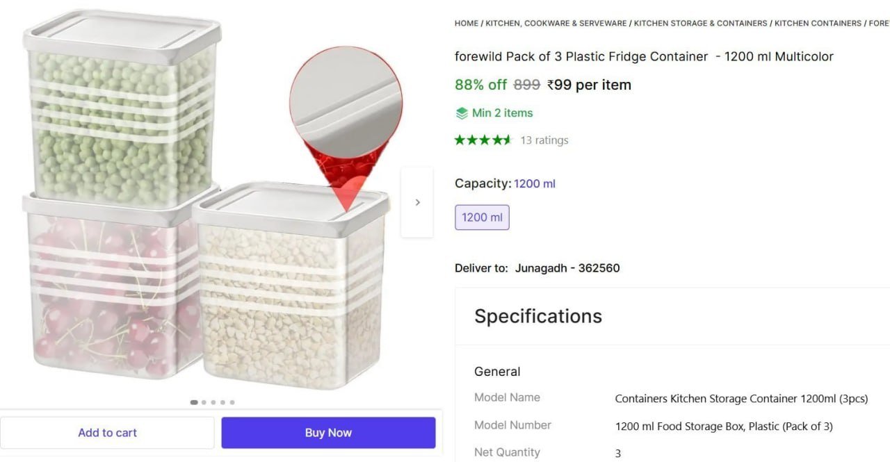 Shopsy Pack Of 3 Plastic Fridge Container 99 