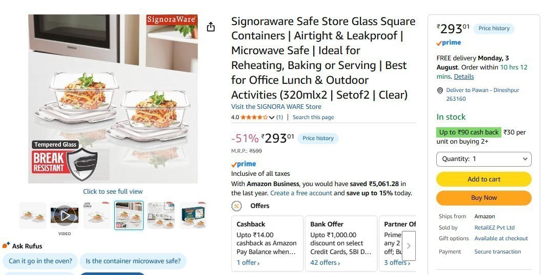 Signoraware Glass Square Containers (320mlx2)