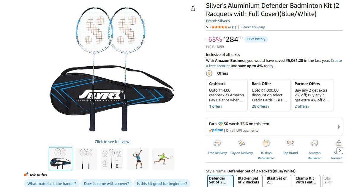 Silver Badminton Racquets With Full Cover 284