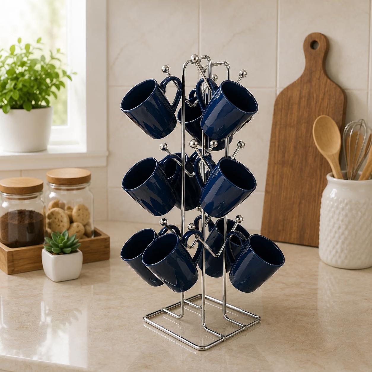 Silver Stainless Steel Tabletop Cubby Shelf Cup Rack Holder For 12 Cups