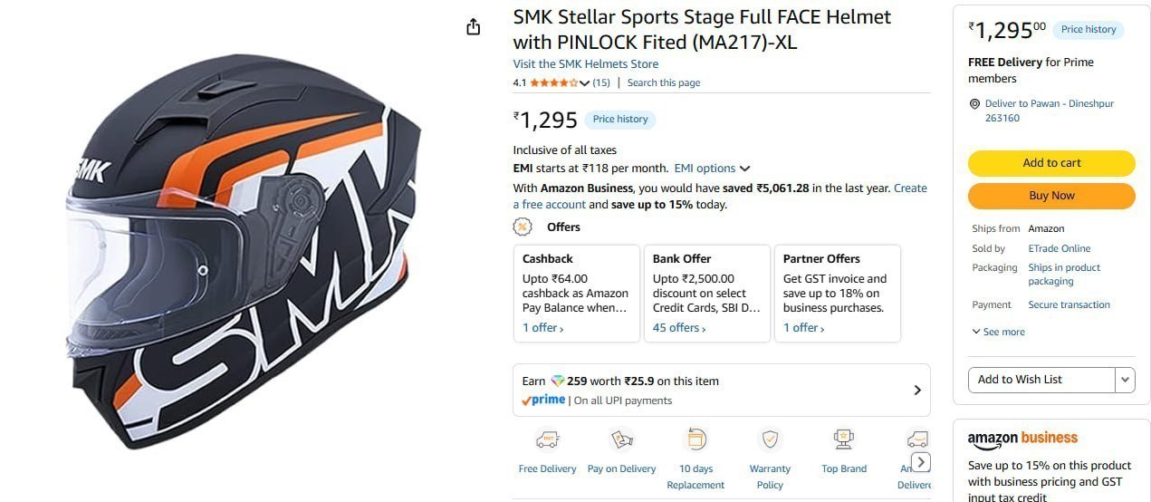 Smk Stellar Sports Full Face Helmet Xl With Pinloc