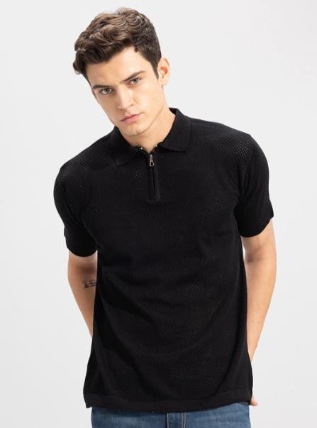 Snitch Black Polo Collar Self Design Slim Fit