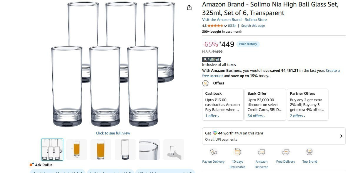 Solimo Nia High Ball Glass Set Of 6 325ml 449
