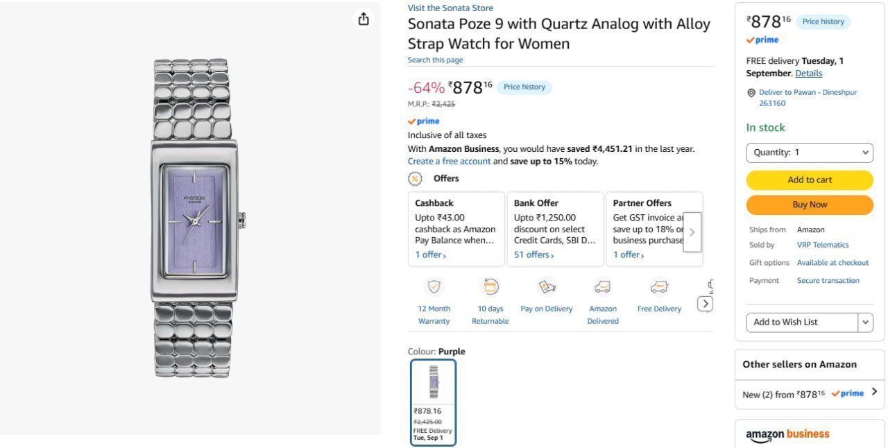 Sonata Quartz Analog Watch 878