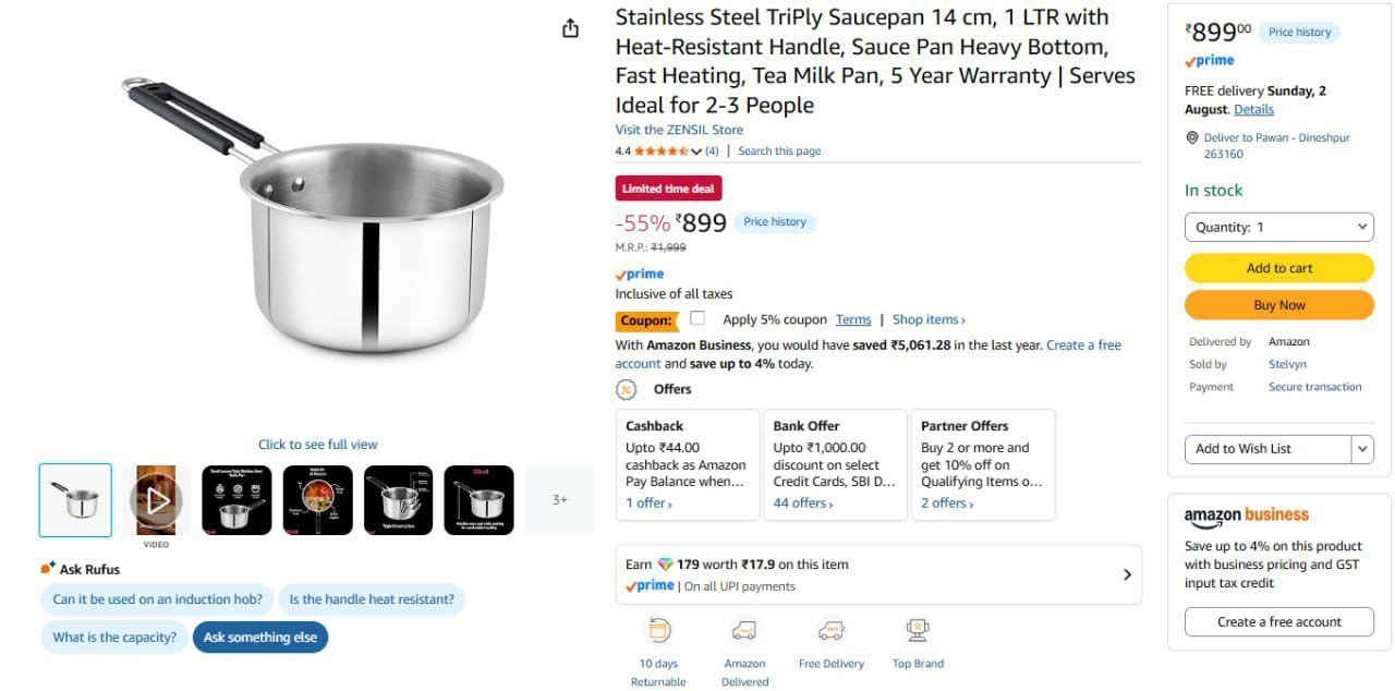 Stainless Steel Triply Saucepan 1 Ltr 854 5 P