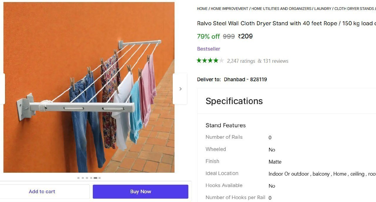 Steel Wall Cloth Dryer Stand With 40 Feet Rop