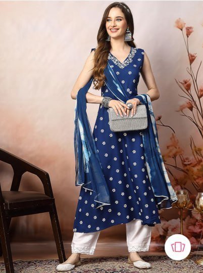 Stylum Blue White Floral Printed Mirror Work 