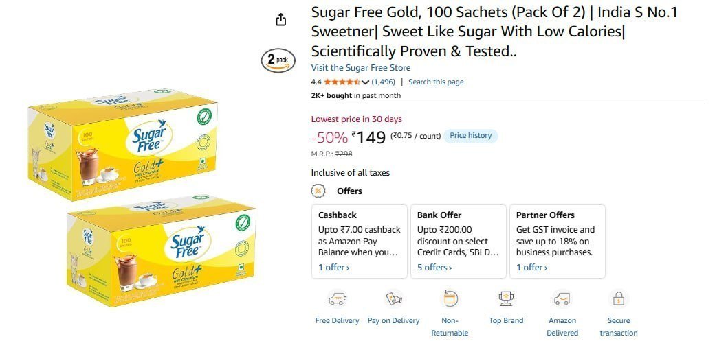 Sugar Gold 100 Sachets (pack Of 2) 149