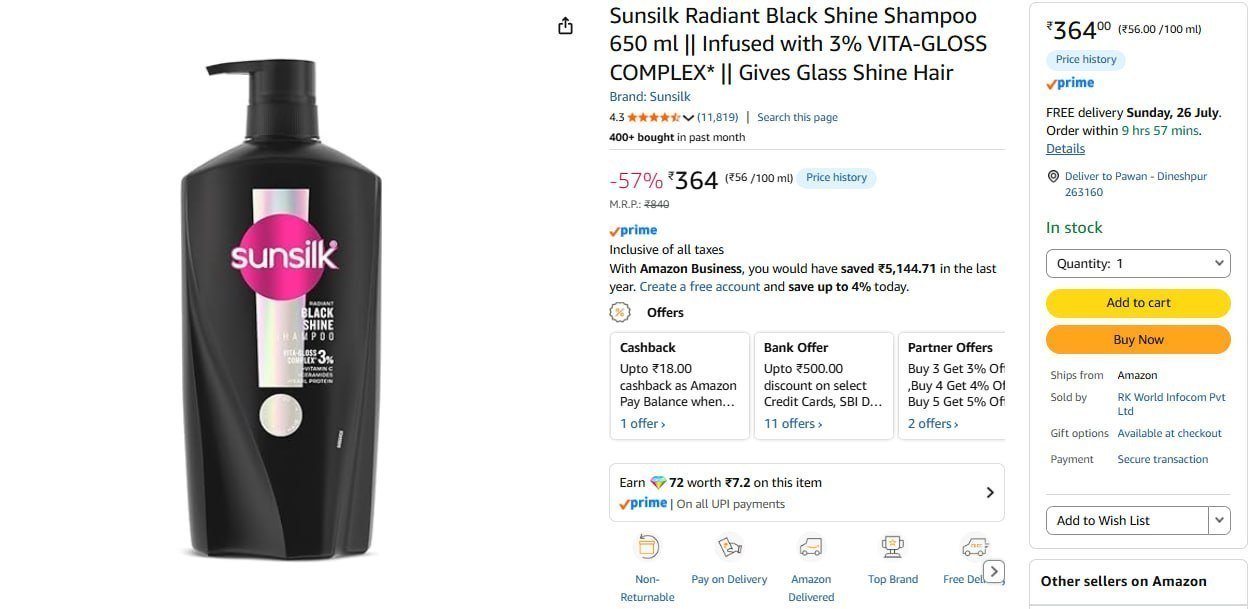 Sunsilk Radiant Shine Shampoo 650 Ml 364