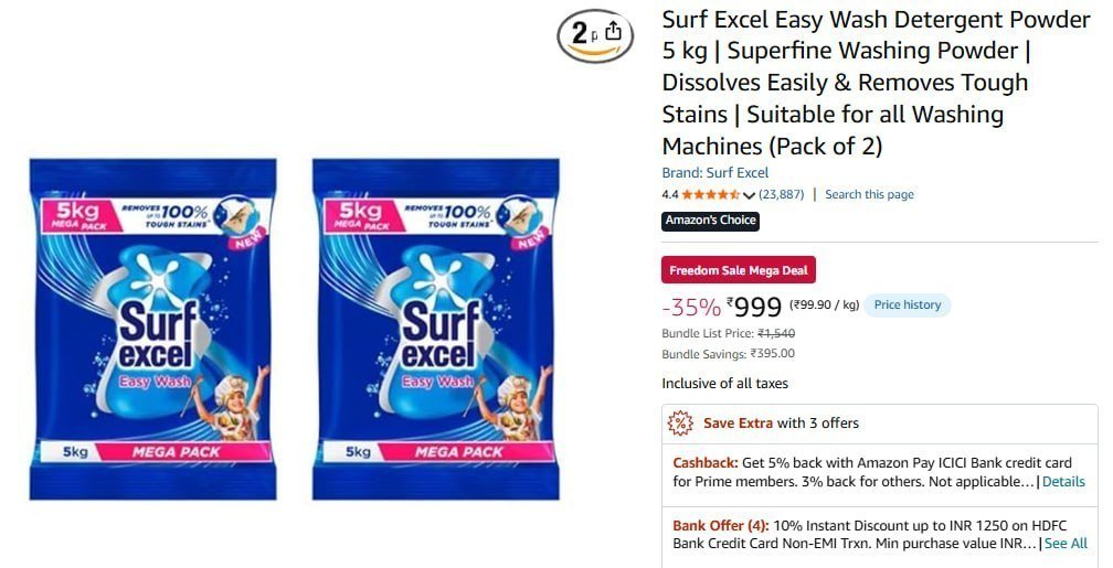 Surf Excel Easy Wash Detergent Powder 10kg 99
