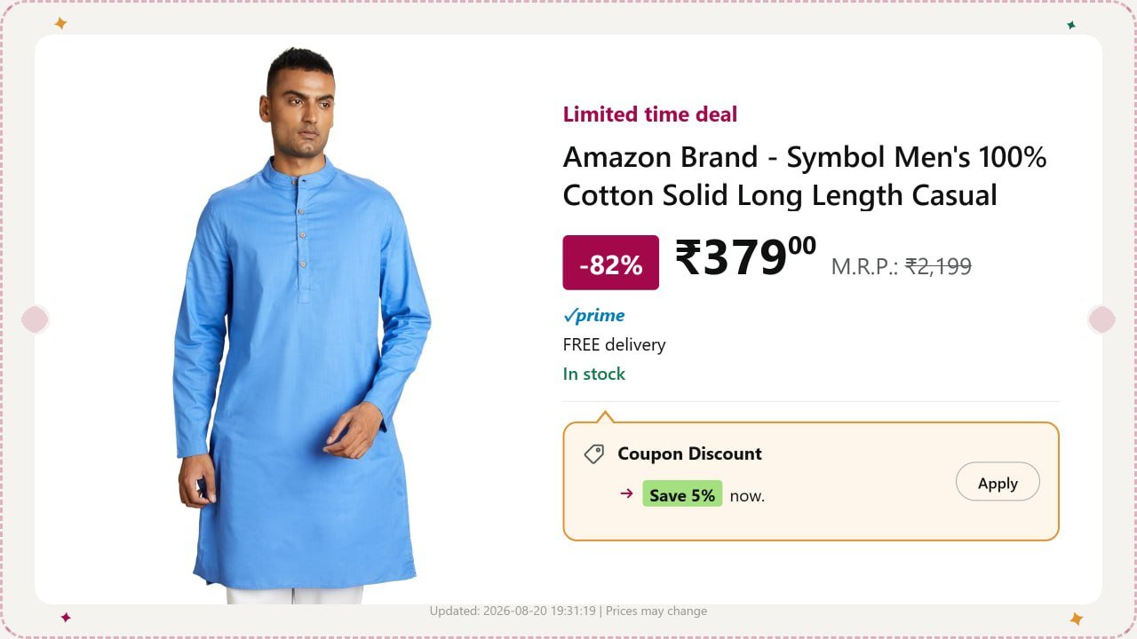 Symbol Men Cotton Solid Kurta 5 Coupon529 399