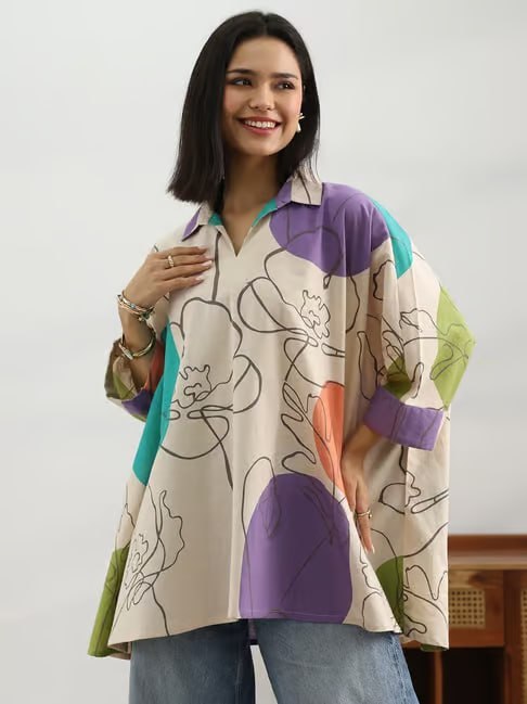 Tatacliq Libas -white Abstract Kimono Sleeves