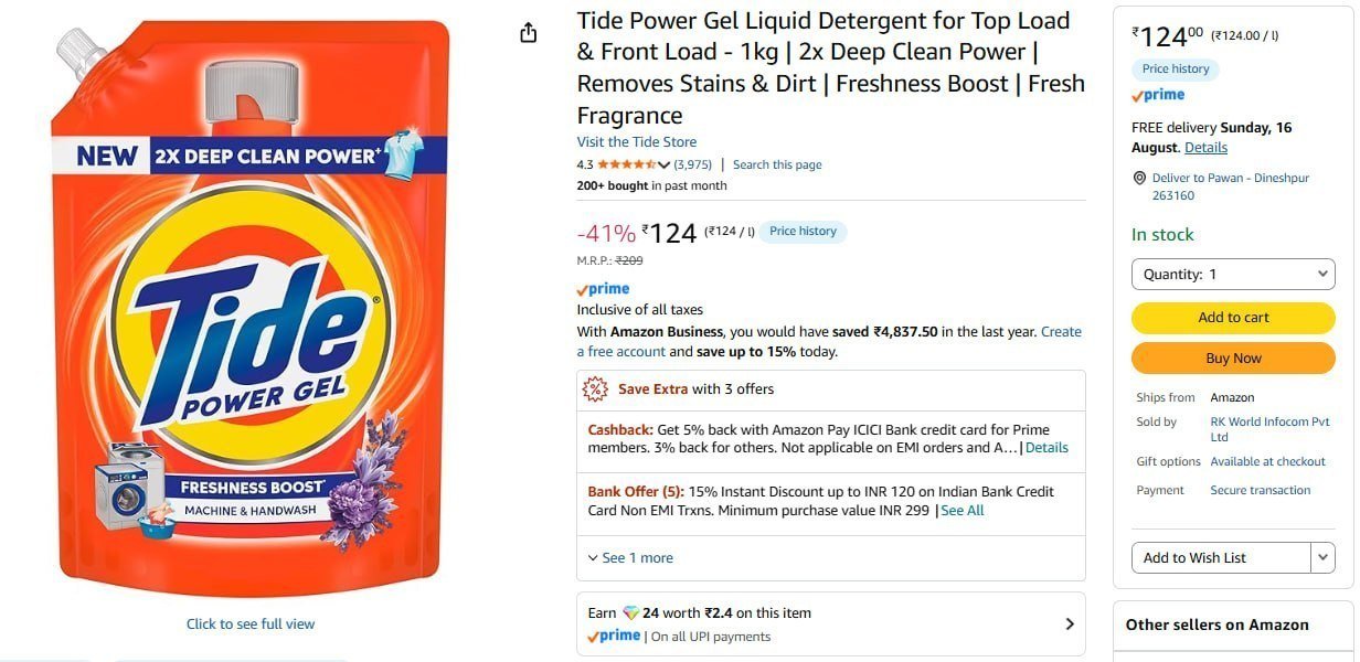 Tide Power Gel Liquid Detergent 1 Kg 124