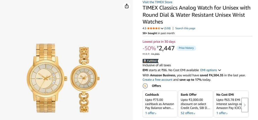 Timex Alalog Watch 2447122 With Icici Card