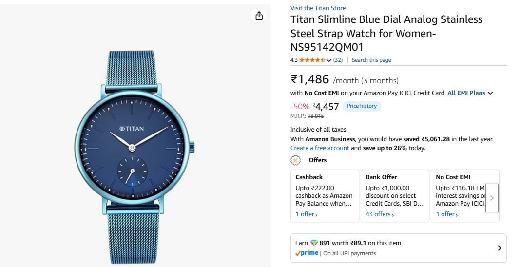 Titan Slimline Blue Dial Analog Stainless Ste