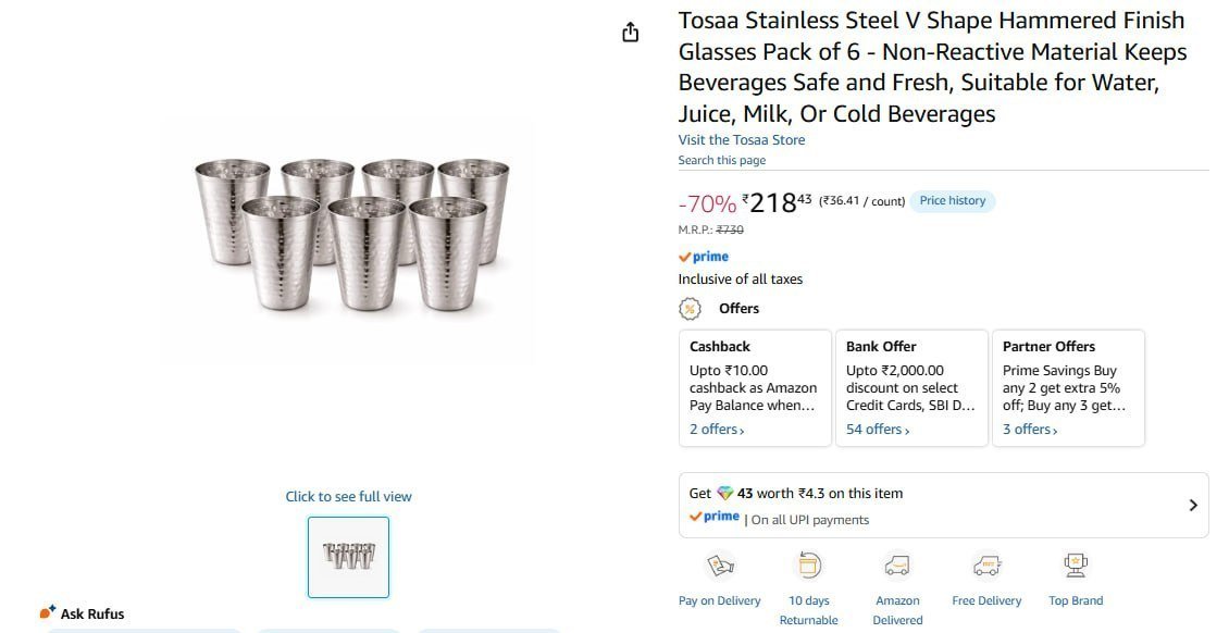 Tosaa Stainless Steel Glasses Pack Of 6 218