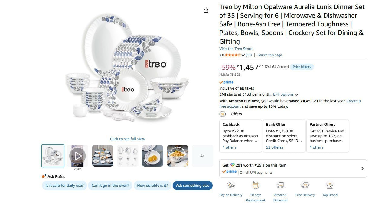 Treo By Milton Opalware Dinner Set Of 35 1457