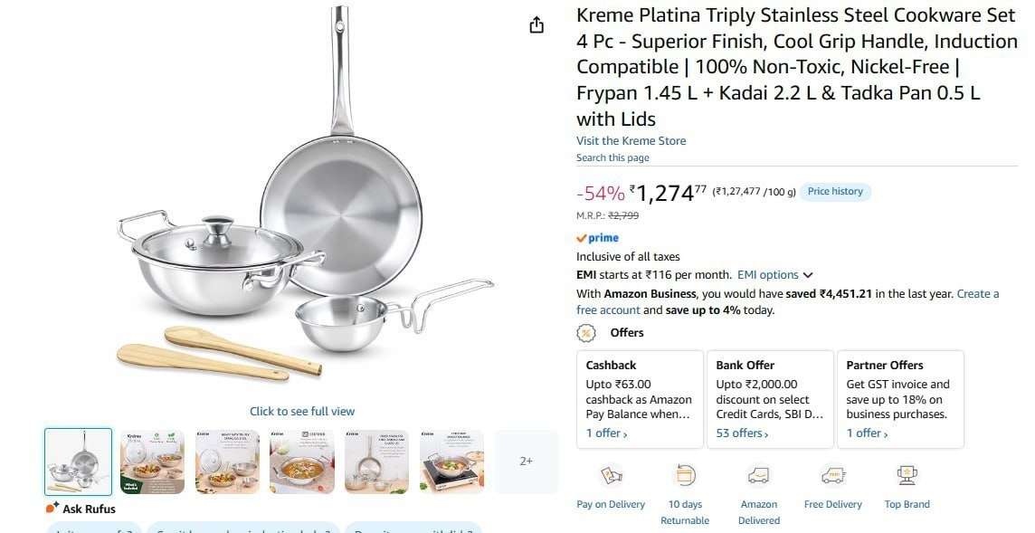 Triply Stainless Steel Cookware Set 4 Pc 1274