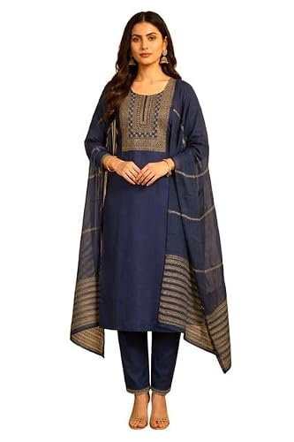 Tulyata Women S Navy Blue Cotton Silk Kurta Sets For Woman Embroidered