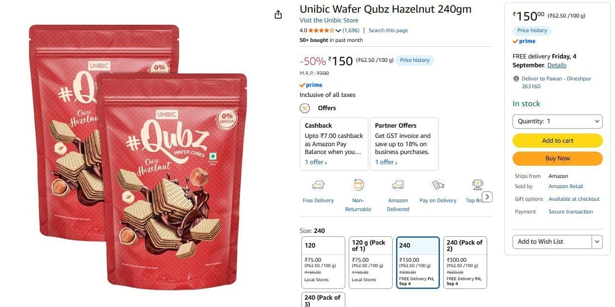 Unibic Wafer Qubz Hazelnut 240gm 150