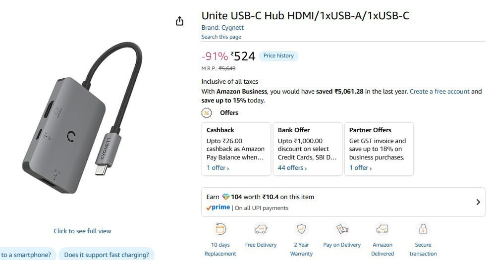 Unite Usb-c Hub Hdmi 1xusb-a 1xusb-c 524 Regu