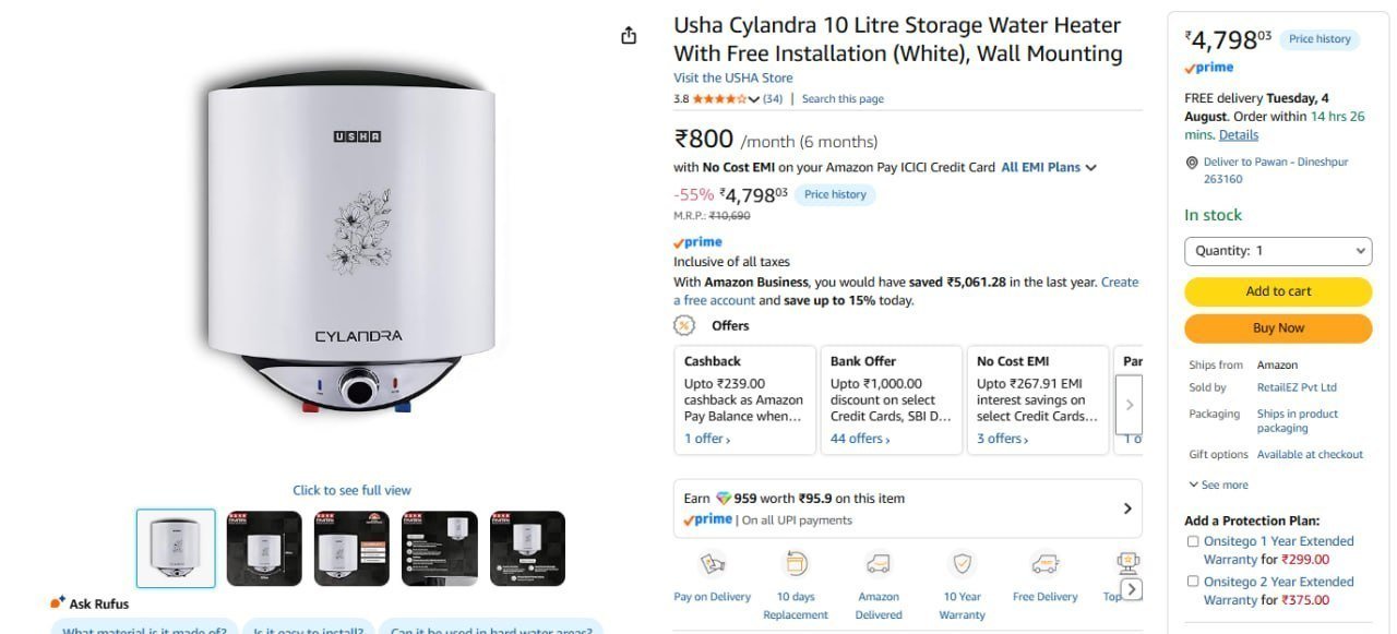 Usha 10 Ltr Storage Water Heater 4798 Regular