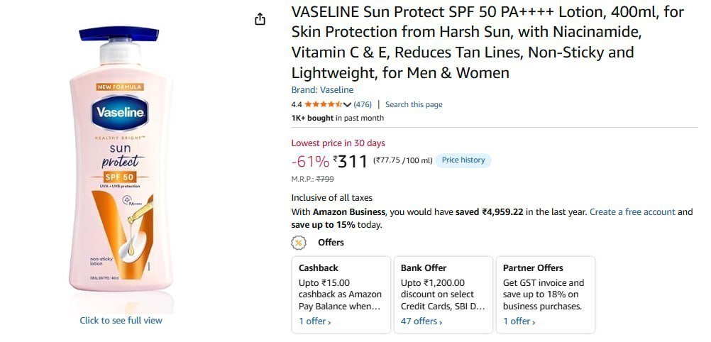 Vaseline Sun Protect Spf Lotion 400ml 311