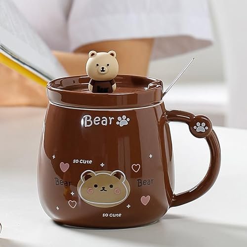 Vasukie Bear Coffee Mug With Lid Steel Spoon 