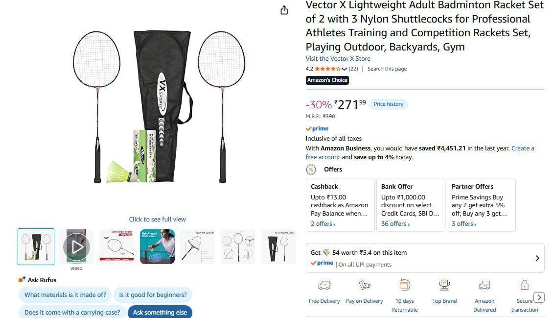 Vector X Badminton Racket Set Of 2 With 3 Nylon Sh