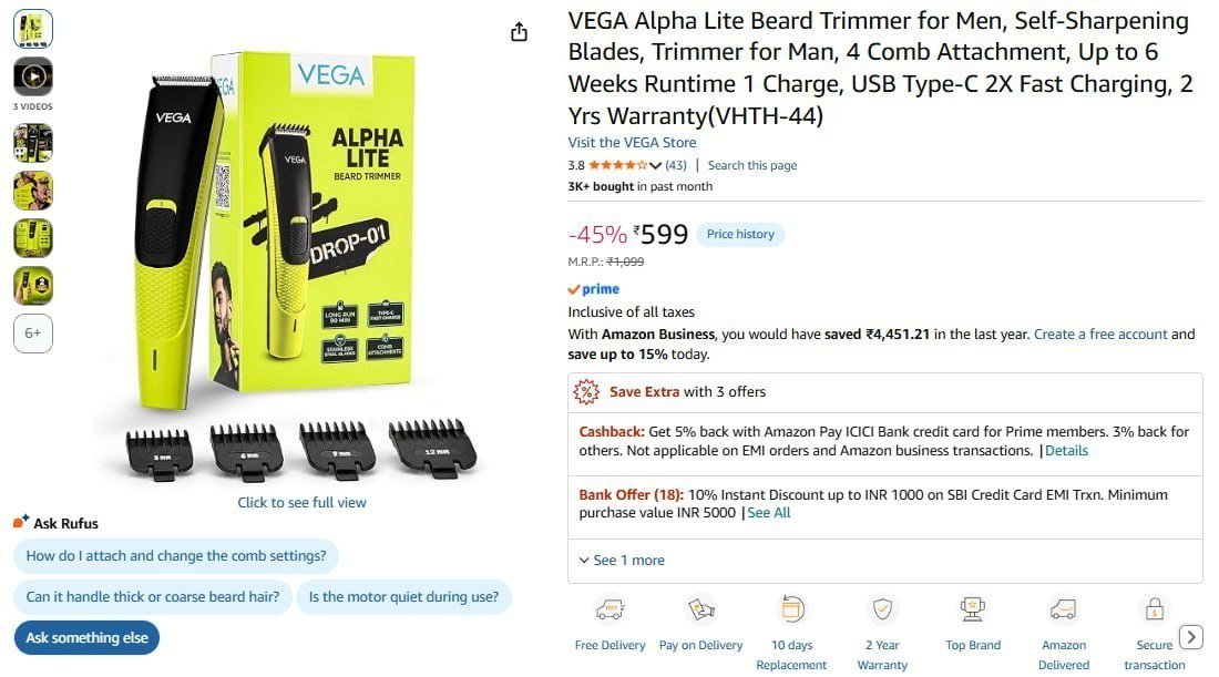 Vega Alpha Lite Beard Trimmer For Men 599
