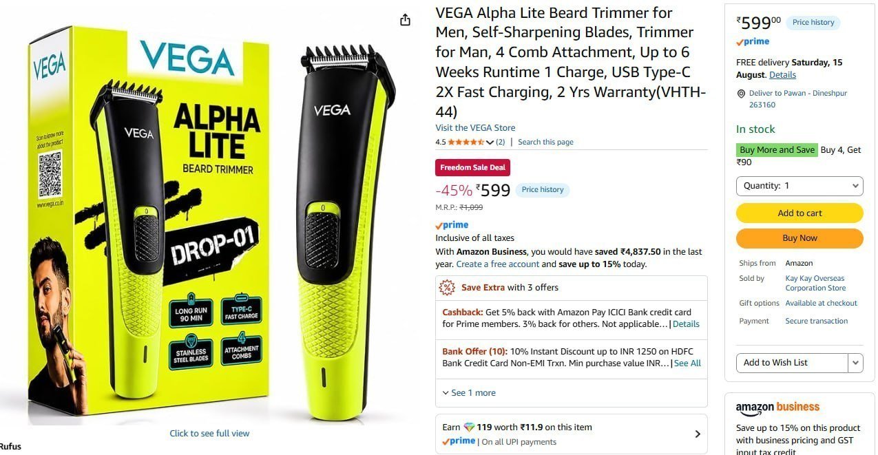 Vega Men Beard Trimmer With 4 Comb Attachment 599