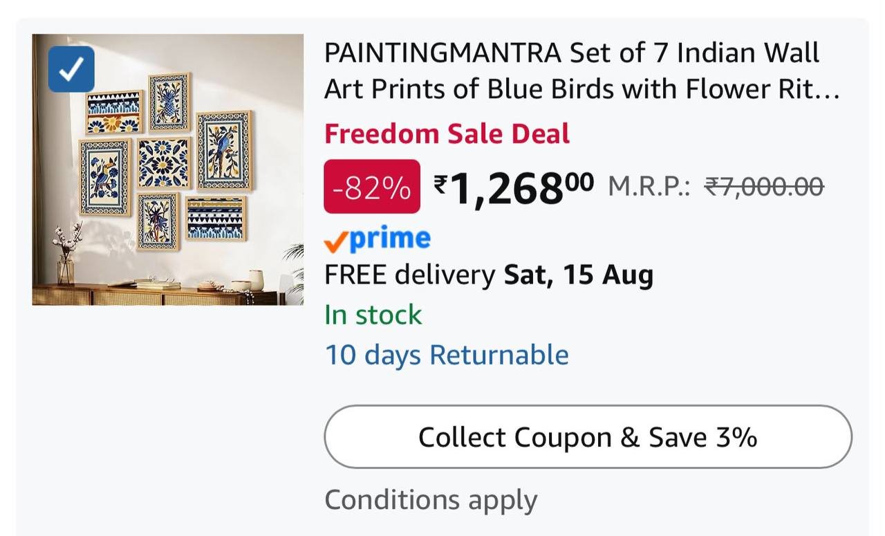 Vintage Set Of 7 Indian Wall Art Prints Of Bl