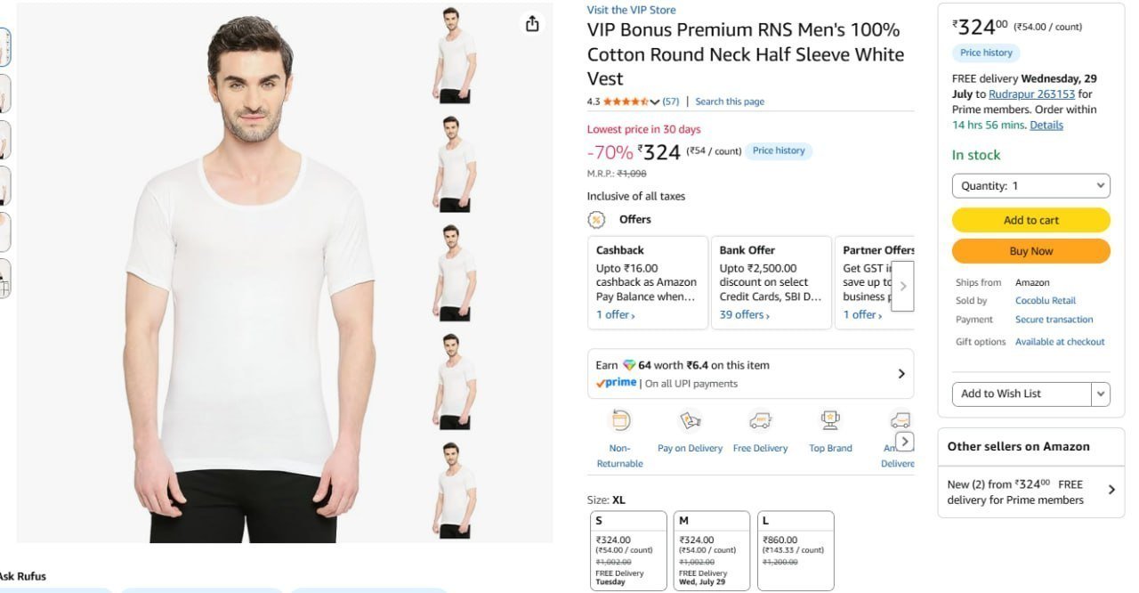 Vip Mens Vest (pack Of 6) 324 S M Xl