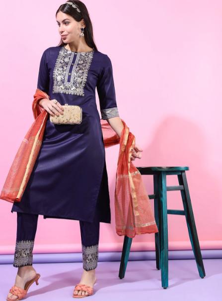 Vishudh Women Purple Straight Kurti With Trousers With Dupatta 551