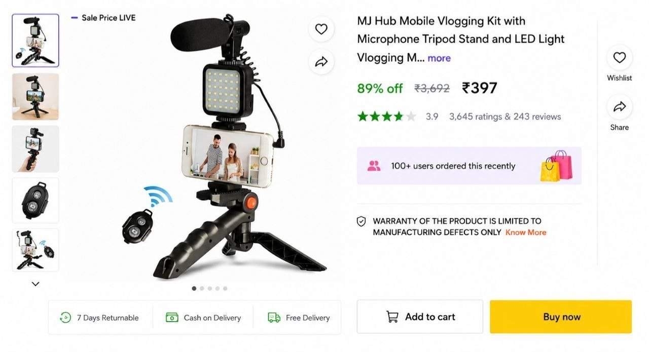 Vlogging Kit With Microphone Tripod Stand And Led 