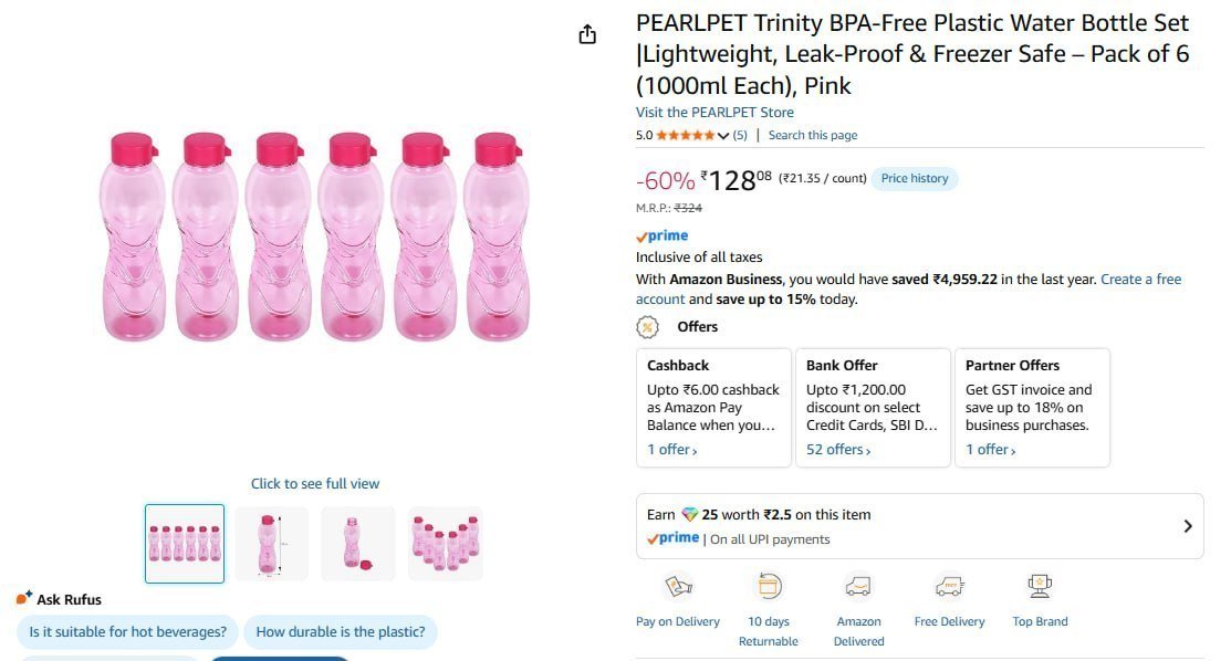 Water Bottle Set Of 6 (1 Ltr Each) 128