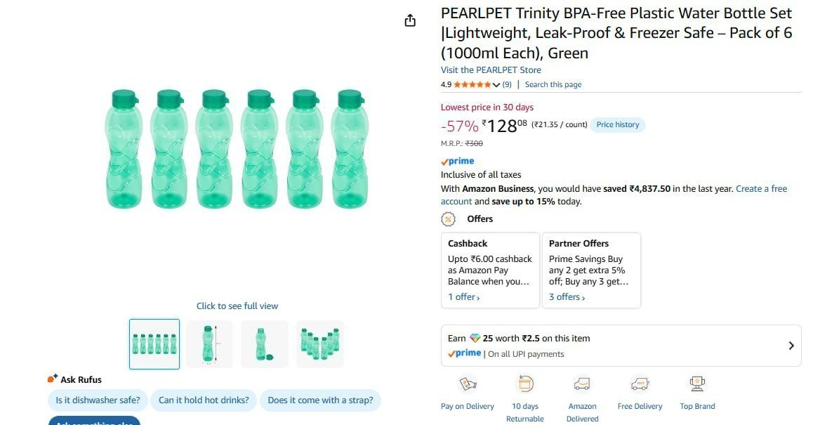 Water Bottle Set Of 6 (1 Ltr Each) 128 Pc Oth