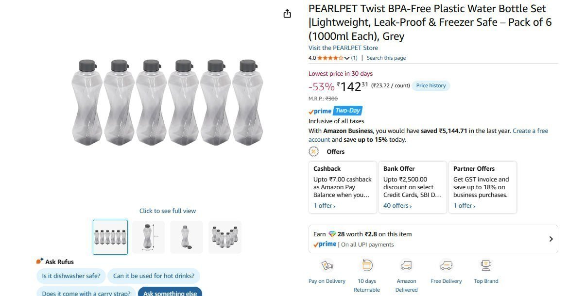 Water Bottle Set Of 6 (1000ml Each) 142 4 Col