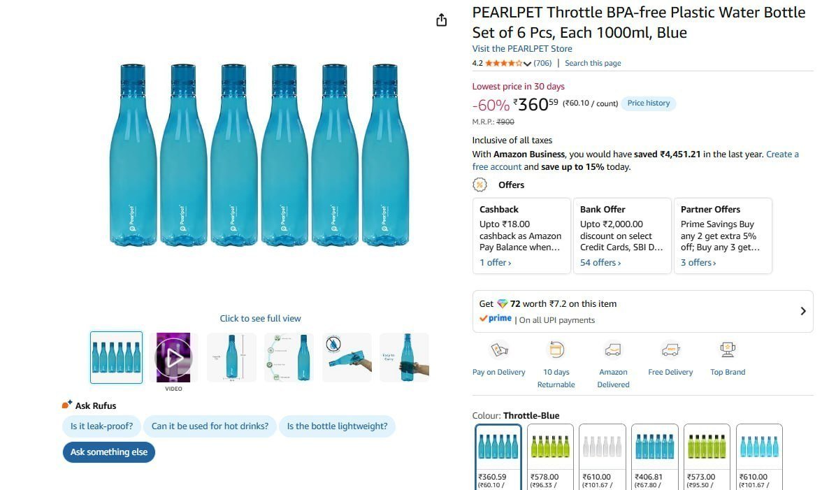 Water Bottle Set Of 6 Pcs 1l 360