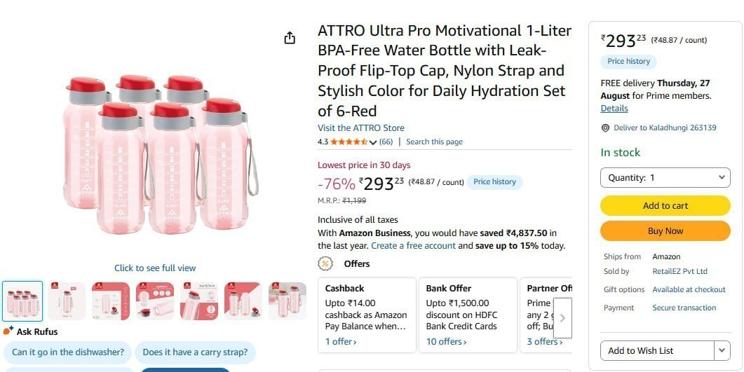 Water Bottle With Flip-top Cap 1 Ltr Set Of 6
