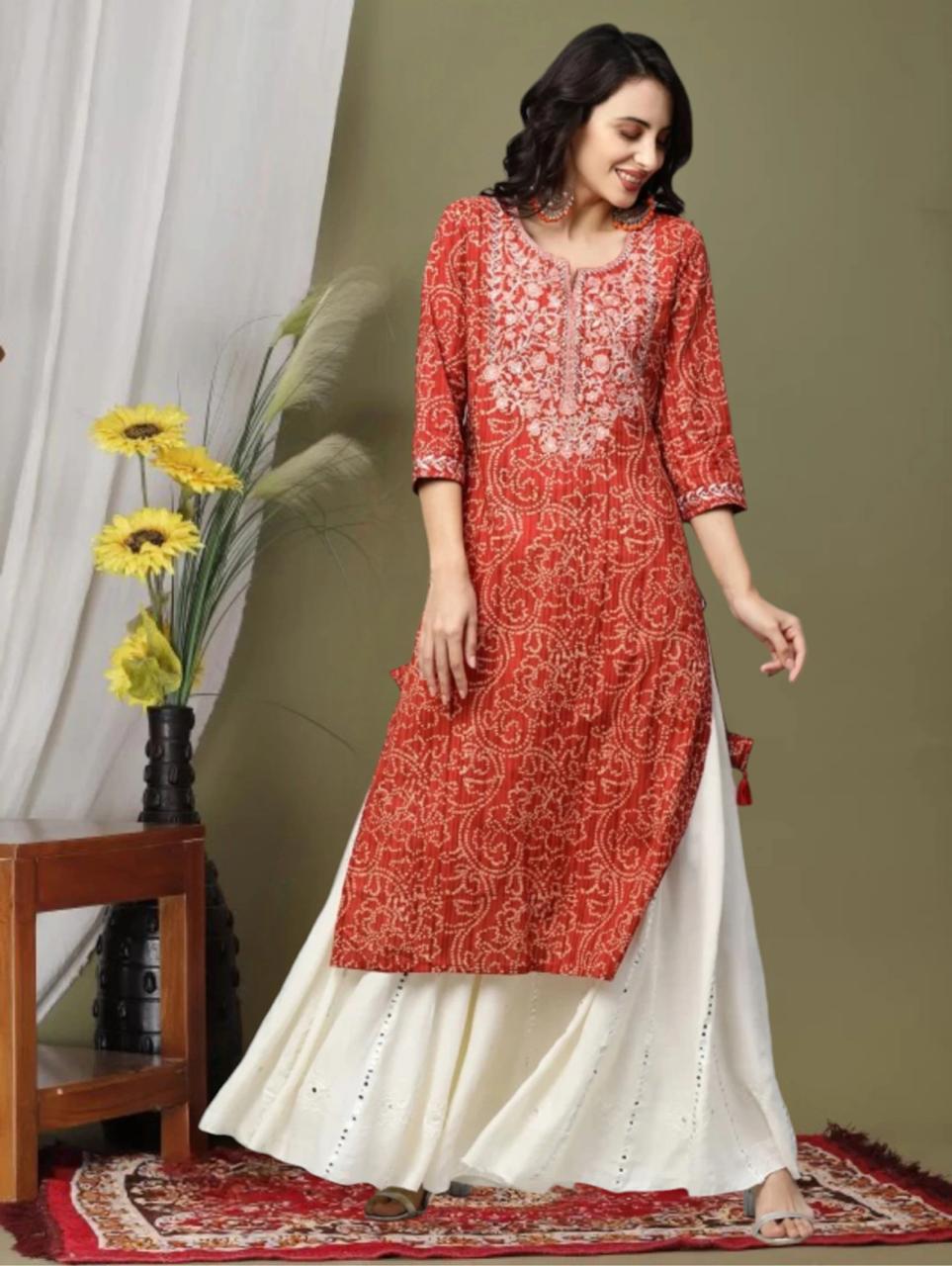 Wawlooks Printed Embroidered Viscose Rayon Straight Kurta For Women (red) 3