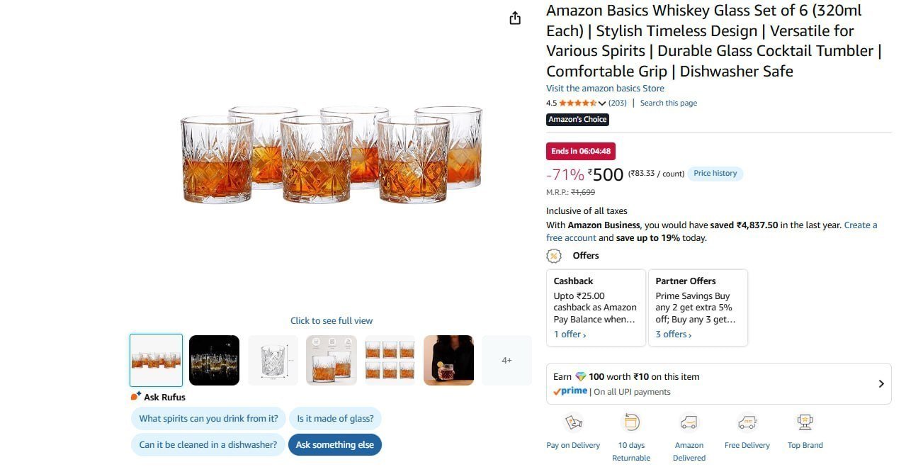 Whiskey Glass Set Of 6 (320 Ml Each) 500 Chec