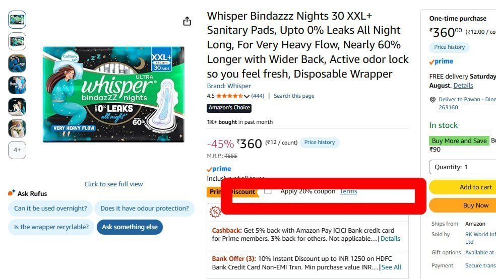 Whisper 30 Xxl Sanitary Pads 288 20