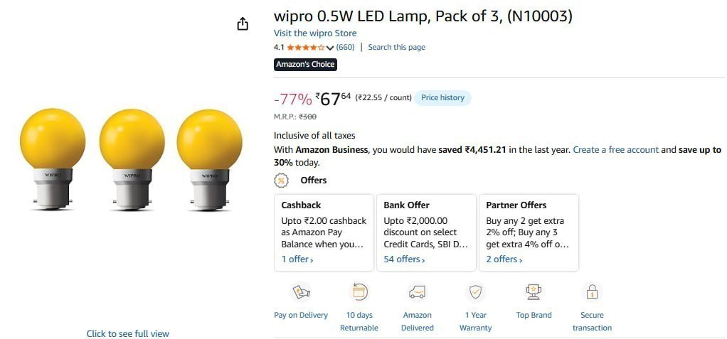 Wipro 0 5w Led Lamp Pack Of 3 68 Min 2 Qnty