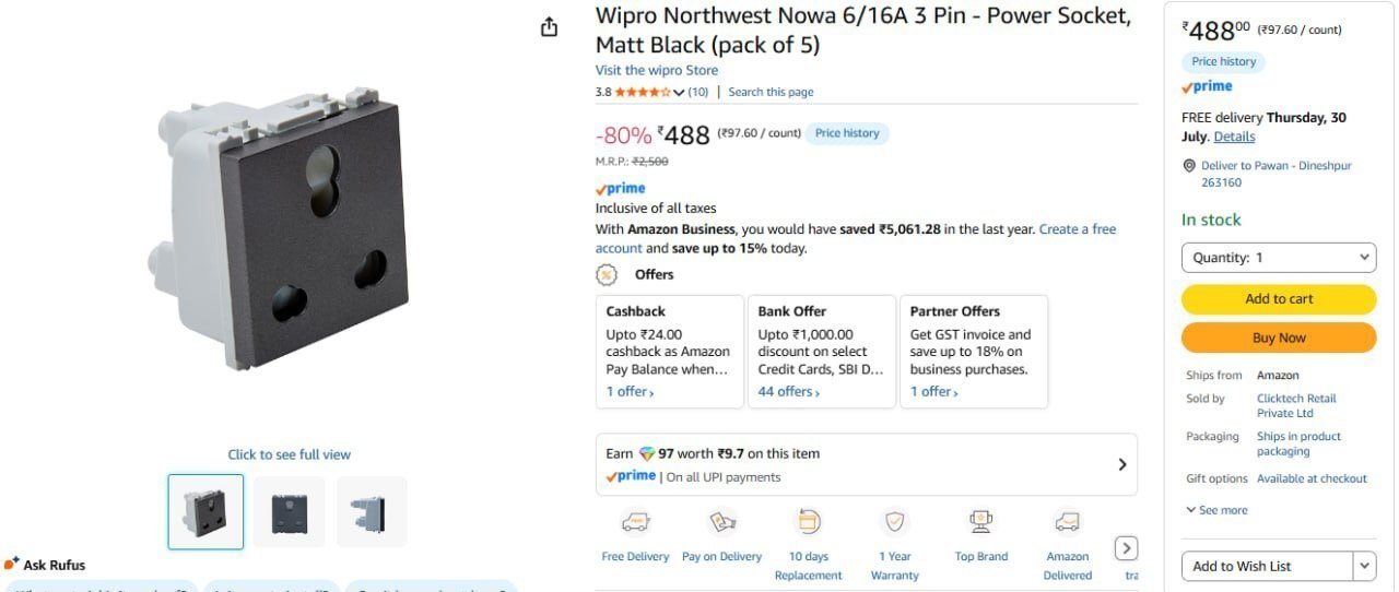 Wipro Northwest Nowa 6 16a 3 Pin (pack Of 5) 488